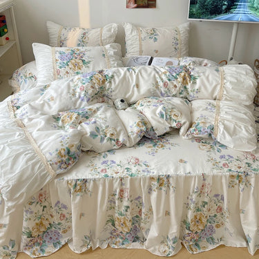 Charming Floral Princess Ruffles and Lace Cotton Bedding Set